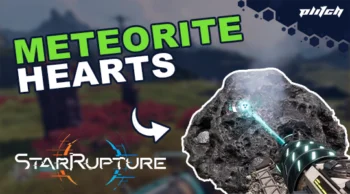 Close-up of a gray meteorite with a glowing blue beam directed at it from a mechanical device, with the text 'METEORITE HEARTS' and the 'Starrupture' logo