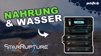 Schriftzug 'NAHRUNG & WASSER' mit Pfeil auf ein Spielmenü von Starrupture, das eine Rezeptstation mit Zutaten und Fortschrittsbalken zeigt.