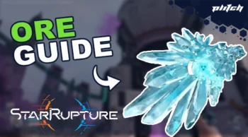 Bright blue crystal formation on the right, with the text 'ORE GUIDE' and an arrow pointing to it on the left, blurred figure and 'StarRupture' logo in the background.