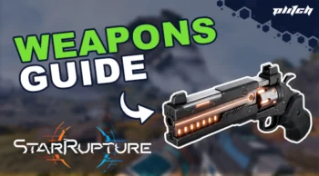Graphic showing the text 'WEAPONS GUIDE' with an illustration of a futuristic pistol and the 'StarRupture' logo below.