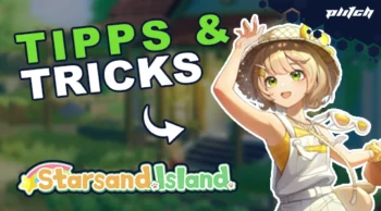 Eine Person in weißer Kleidung und Strohhut hebt eine Hand, daneben der Text 'TIPS & TRICKS' und das Logo 'Starsand Island' auf einem unscharfen Hintergrund.