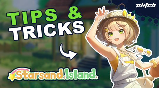 A person in white clothing and a straw hat raises one hand next to the text 'TIPS & TRICKS' and the 'Starsand Island' logo on a blurred background.