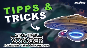 Raumschiff der Serie Star Trek Voyager mit dem Text 'TIPPS & TRICKS' und 'STAR TREK VOYAGER ACROSS THE UNKNOWN'