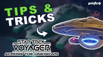 Star Trek Voyager spaceship with the text 'TIPS & TRICKS' and 'STAR TREK VOYAGER ACROSS THE UNKNOWN'