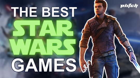 A man in futuristic clothing holding a glowing sword next to the text 'THE BEST STAR WARS GAMES' in large letters.