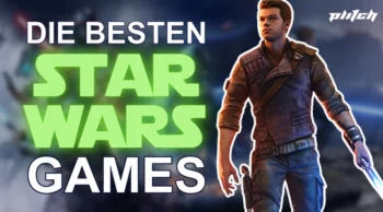 Ein Mann in futuristischer Kleidung hält ein leuchtendes Schwert, daneben der Text 'DIE BESTEN STAR WARS GAMES' in großen Buchstaben.