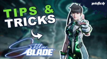 Futuristic female character in green and white armor pointing forward with text 'Tips & Tricks' and 'Stellar Blade' logo