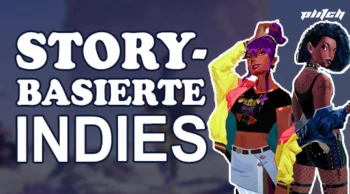 Zwei Personen in moderner, bunter Kleidung vor dunkelblauem Hintergrund mit dem Text 'STORY-BASIERTE INDIES' in großen weißen Buchstaben.