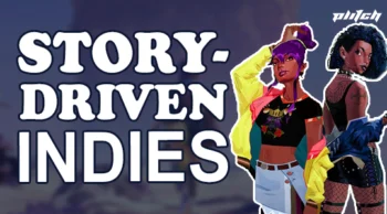 Two people in modern colorful clothing against a dark blue background with the text 'STORY-DRIVEN INDIES' in large white letters.