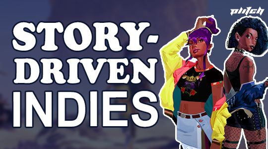 Two people in modern colorful clothing against a dark blue background with the text 'STORY-DRIVEN INDIES' in large white letters.