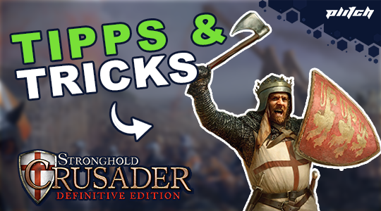 Ritter mit erhobenem Schwert und Schild neben dem Text 'TIPPS & TRICKS' für das Spiel Stronghold Crusader: Definitive Edition
