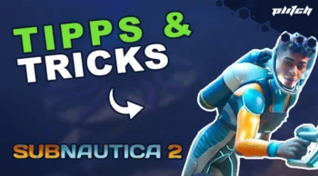 Taucher in einem blauen und weißen Taucheranzug mit Sauerstoffflasche vor dem Text 'TIPPS & TRICKS' und 'SUBNAUTICA 2'