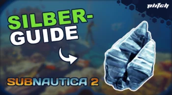 Silberfarbenes Erz mit dem Text 'SILVER GUIDE' und 'SUBNAUTICA 2' auf unscharfem Unterwasserhintergrund