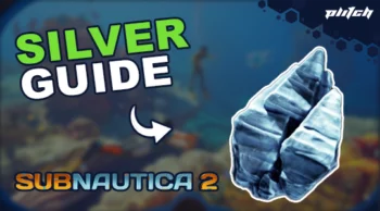 Silver-colored ore with the text 'SILVER GUIDE' and 'SUBNAUTICA 2' on a blurred underwater background