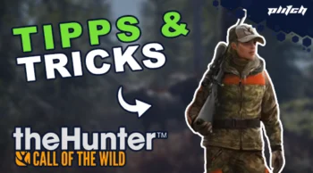 Jemand in Tarnkleidung mit oranger Warnweste hält ein Gewehr, daneben der Text 'TIPPS & TRICKS' und das Logo 'theHunter CALL OF THE WILD'.
