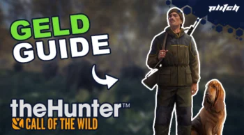 Jemand in Jagdbekleidung mit Gewehr über der Schulter steht neben einem Hund, Text 'MONEY GUIDE' und Logo 'theHunter CALL OF THE WILD'.