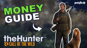 Person in hunting gear holding a rifle over shoulder stands next to a dog, with text 'MONEY GUIDE' and 'theHunter CALL OF THE WILD' logo.