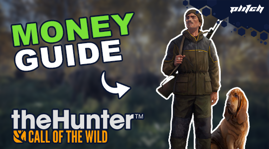 Person in hunting gear holding a rifle over shoulder stands next to a dog, with text 'MONEY GUIDE' and 'theHunter CALL OF THE WILD' logo.