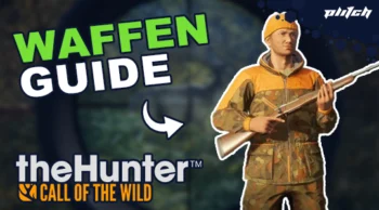 Ein Mann in Tarnjacke und -hose hält ein Gewehr, daneben steht in großen Buchstaben 'WAFFEN GUIDE' und darunter 'theHunter CALL OF THE WILD'.