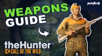 A man in camouflage jacket and pants holds a rifle, next to large text reading 'WEAPONS GUIDE' and below 'theHunter CALL OF THE WILD'.