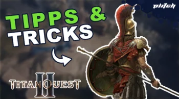 Römischer Krieger mit Helm, Schild und Speer neben dem Text 'Tipps & Tricks' und dem Logo von Titan Quest II
