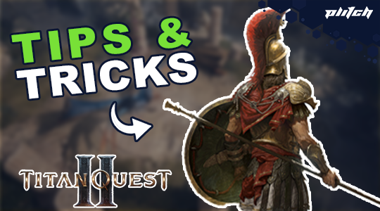 Roman soldier in armor holding spear and shield with text 'Tips & Tricks' and 'Titan Quest II' logo