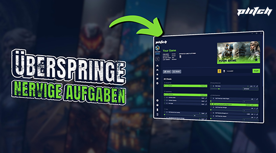 Text 'ÜBERSPRINGE NERVIGE AUFGABEN' neben einem Bildschirm mit einer Benutzeroberfläche und einem grünen Pfeil, der darauf zeigt