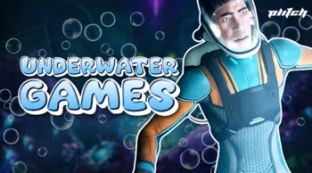Diver in diving suit and helmet with blue bubbles and the text 'UNDERWATER GAMES' in large letters
