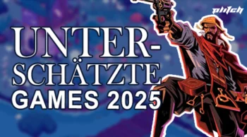 Text 'UNTERSCHÄTZTE GAMES 2025' neben einer Figur in rotem Mantel, die eine Waffe hält und nach rechts zielt.