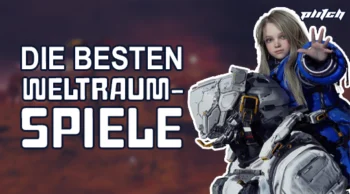 Junge Person in blauem Raumanzug neben einem weißen, futuristischen Roboter vor dunklem, unscharfem Hintergrund mit dem Text 'DIE BESTEN WELTRAUMSPIELE'