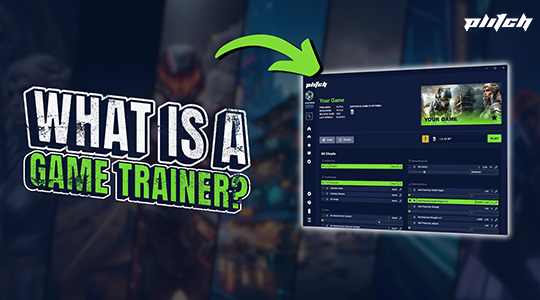 Text 'WHAT IS A GAME TRAINER?' next to a software interface screenshot showing game details and a green arrow graphic.