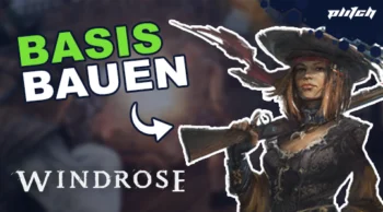 Figur mit Waffe und verpixeltem Gesicht vor dunklem Hintergrund mit grün-weißem Text 'BASIS BAUEN' und weißem Schriftzug 'WINDROSE'