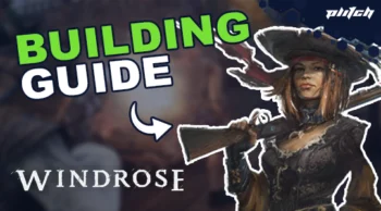 Game character wearing helmet and holding weapon against blurred background with the words 'BUILDING GUIDE' and 'WINDROSE'