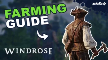 Statue eines Bauern mit Axt in der rechten Hand vor unscharfem Hintergrund mit den Worten 'FARMING GUIDE' und 'WINDROSE'