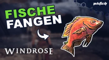 Illustration eines Fisches neben dem Text 'FISCHE FANGEN' und 'WINDROSE' auf dunklem Hintergrund