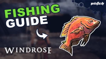 Illustration of a fish next to the text 'FISHING GUIDE' and 'WINDROSE' on a blurred background