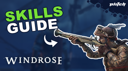 Illustration of a soldier aiming a rifle next to the text 'SKILLS GUIDE' and 'WINDROSE' on a blue background