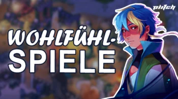 Illustration einer Person mit blauer Frisur und Kapuzenjacke vor einem unscharfen Hintergrund mit dem Text "WOHLFÜHLSPIELE" in Großbuchstaben.