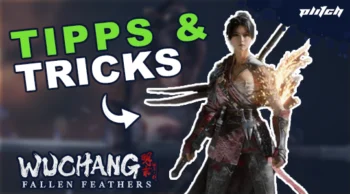 Spielfigur in Rüstung mit Schwert neben Text 'TIPPS & TRICKS' und Spieltitel 'Wuchang Fallen Feathers'