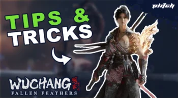 Character from Wuchang Fallen Feathers game wearing armor and holding a weapon, with text 'Tips & Tricks' and game logo