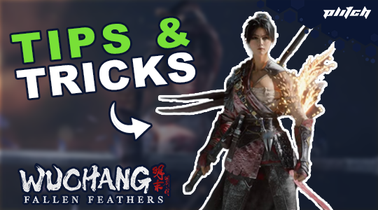 Character from Wuchang Fallen Feathers game wearing armor and holding a weapon, with text 'Tips & Tricks' and game logo