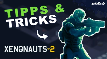 Soldat mit Helm und Gewehr in Kampfhaltung vor dunklem Hintergrund mit dem Text 'TIPPS & TRICKS' und 'XENONAUTS-2'