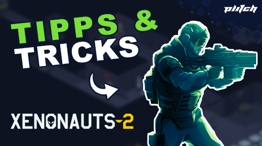 Soldat mit Helm und Gewehr in Kampfhaltung vor dunklem Hintergrund mit dem Text 'TIPPS & TRICKS' und 'XENONAUTS-2'