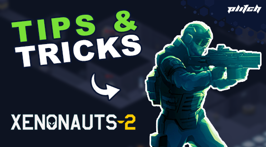 Soldier wearing helmet and holding rifle in combat stance against dark background with text 'TIPS & TRICKS' and 'XENONAUTS-2'