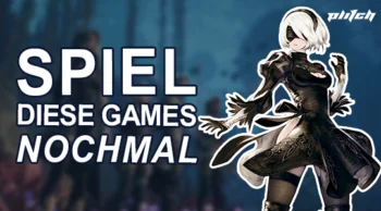 Eine weibliche Spielfigur mit kurzem hellen Haar, schwarzer Augenbinde und schwarzem Kleid steht vor einem unscharfen blauen Hintergrund neben dem Text 'SPIELE DIESE GAMES NOCHMAL'