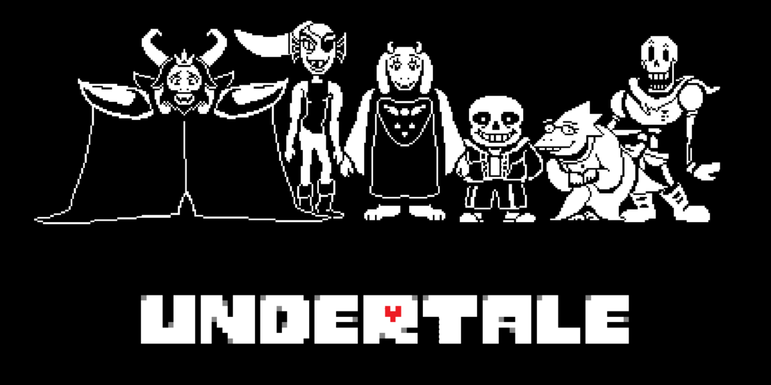 Sechs Pixel-Art-Figuren aus dem Spiel „Undertale“ stehen in einer Reihe über dem Titel des Spiels, mit einem roten Herz im Buchstaben „R“.
