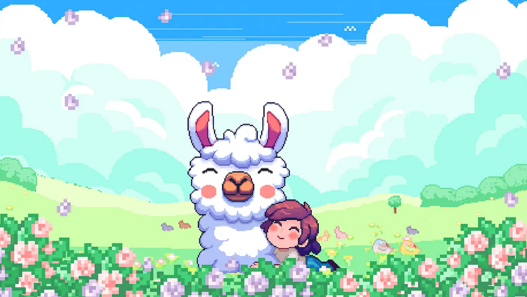 A large fluffy llama sits in a flower meadow in front of rolling hills under a cloudy sky with a small person sitting beside it.