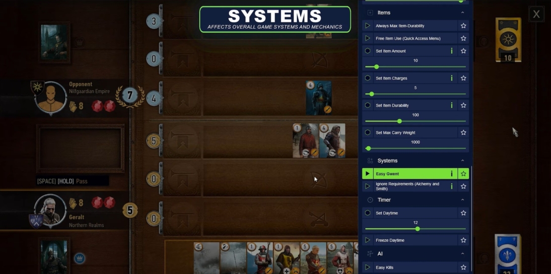 Game screen of a card game showing system menu and rows of cards with player info and scores on the left