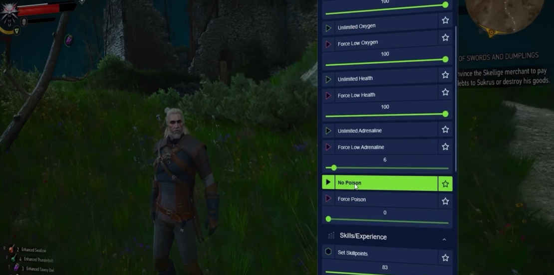 The Witcher 3 Remastered mods: Game character in medieval clothing stands in a forest in front of a menu with settings for health, adrenaline, and poison.