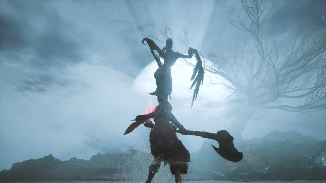 Figur aus WUCHANG Fallen Feathers mit einer großen Axt unter einem bewölkten Himmel mit kahlen Bäumen im Hintergrund